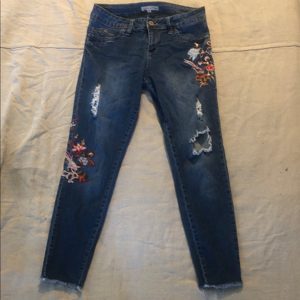 YMI Blue Skinny Jeans with Floral Embroidery